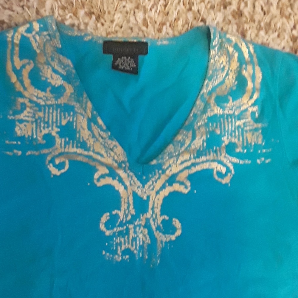 Aqua top with gold trimming around the neck.